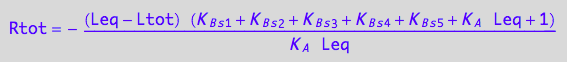 Rtot = -((Leq - Ltot)*(K_B_s_1 + K_B_s_2 + K_B_s_3 + K_B_s_4 + K_B_s_5 + K_A*Leq + 1))/(K_A*Leq)