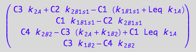 matrix([[C3*k_2_A + C2*k_2_B_1_s_1 - C1*(k_1_B_1_s_1 + Leq*k_1_A)], [C1*k_1_B_1_s_1 - C2*k_2_B_1_s_1], [C4*k_2_B_2 - C3*(k_2_A + k_1_B_2) + C1*Leq*k_1_A], [C3*k_1_B_2 - C4*k_2_B_2]])