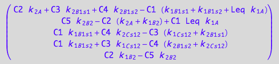 matrix([[C2*k_2_A + C3*k_2_B_1_s_1 + C4*k_2_B_1_s_2 - C1*(k_1_B_1_s_1 + k_1_B_1_s_2 + Leq*k_1_A)], [C5*k_2_B_2 - C2*(k_2_A + k_1_B_2) + C1*Leq*k_1_A], [C1*k_1_B_1_s_1 + C4*k_2_C_s_1_2 - C3*(k_1_C_s_1_2 + k_2_B_1_s_1)], [C1*k_1_B_1_s_2 + C3*k_1_C_s_1_2 - C4*(k_2_B_1_s_2 + k_2_C_s_1_2)], [C2*k_1_B_2 - C5*k_2_B_2]])