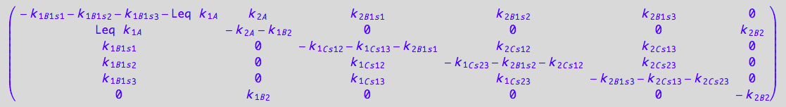 matrix([[- k_1_B_1_s_1 - k_1_B_1_s_2 - k_1_B_1_s_3 - Leq*k_1_A, k_2_A, k_2_B_1_s_1, k_2_B_1_s_2, k_2_B_1_s_3, 0], [Leq*k_1_A, - k_2_A - k_1_B_2, 0, 0, 0, k_2_B_2], [k_1_B_1_s_1, 0, - k_1_C_s_1_2 - k_1_C_s_1_3 - k_2_B_1_s_1, k_2_C_s_1_2, k_2_C_s_1_3, 0], [k_1_B_1_s_2, 0, k_1_C_s_1_2, - k_1_C_s_2_3 - k_2_B_1_s_2 - k_2_C_s_1_2, k_2_C_s_2_3, 0], [k_1_B_1_s_3, 0, k_1_C_s_1_3, k_1_C_s_2_3, - k_2_B_1_s_3 - k_2_C_s_1_3 - k_2_C_s_2_3, 0], [0, k_1_B_2, 0, 0, 0, -k_2_B_2]])