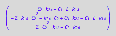matrix([[C_2*k_2_A - C_1*L*k_1_A], [- 2*k_1_B*C_2^2 - k_2_A*C_2 + C_3*k_2_B + C_1*L*k_1_A], [2*C_2^2*k_1_B - C_3*k_2_B]])