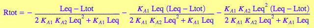 Rtot = - (Leq - Ltot)/(2*K_A_1*K_A_2*Leq^2 + K_A_1*Leq) - (K_A_1*Leq*(Leq - Ltot))/(2*K_A_1*K_A_2*Leq^2 + K_A_1*Leq) - (K_A_1*K_A_2*Leq^2*(Leq - Ltot))/(2*K_A_1*K_A_2*Leq^2 + K_A_1*Leq)