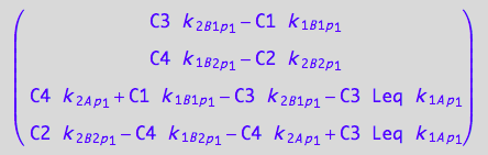 matrix([[C3*k_2_B_1_p_1 - C1*k_1_B_1_p_1], [C4*k_1_B_2_p_1 - C2*k_2_B_2_p_1], [C4*k_2_A_p_1 + C1*k_1_B_1_p_1 - C3*k_2_B_1_p_1 - C3*Leq*k_1_A_p_1], [C2*k_2_B_2_p_1 - C4*k_1_B_2_p_1 - C4*k_2_A_p_1 + C3*Leq*k_1_A_p_1]])