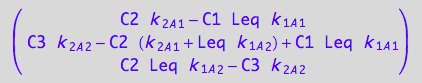 matrix([[C2*k_2_A_1 - C1*Leq*k_1_A_1], [C3*k_2_A_2 - C2*(k_2_A_1 + Leq*k_1_A_2) + C1*Leq*k_1_A_1], [C2*Leq*k_1_A_2 - C3*k_2_A_2]])