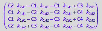 matrix([[C2*k_2_A_1 - C1*k_1_B_1 - C1*k_1_A_1 + C3*k_2_B_1], [C1*k_1_A_1 - C2*k_1_B_2 - C2*k_2_A_1 + C4*k_2_B_2], [C1*k_1_B_1 - C3*k_1_A_2 - C3*k_2_B_1 + C4*k_2_A_2], [C2*k_1_B_2 + C3*k_1_A_2 - C4*k_2_A_2 - C4*k_2_B_2]])