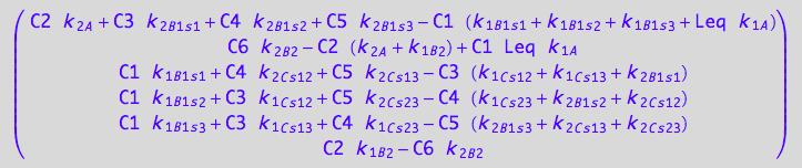 matrix([[C2*k_2_A + C3*k_2_B_1_s_1 + C4*k_2_B_1_s_2 + C5*k_2_B_1_s_3 - C1*(k_1_B_1_s_1 + k_1_B_1_s_2 + k_1_B_1_s_3 + Leq*k_1_A)], [C6*k_2_B_2 - C2*(k_2_A + k_1_B_2) + C1*Leq*k_1_A], [C1*k_1_B_1_s_1 + C4*k_2_C_s_1_2 + C5*k_2_C_s_1_3 - C3*(k_1_C_s_1_2 + k_1_C_s_1_3 + k_2_B_1_s_1)], [C1*k_1_B_1_s_2 + C3*k_1_C_s_1_2 + C5*k_2_C_s_2_3 - C4*(k_1_C_s_2_3 + k_2_B_1_s_2 + k_2_C_s_1_2)], [C1*k_1_B_1_s_3 + C3*k_1_C_s_1_3 + C4*k_1_C_s_2_3 - C5*(k_2_B_1_s_3 + k_2_C_s_1_3 + k_2_C_s_2_3)], [C2*k_1_B_2 - C6*k_2_B_2]])