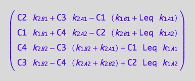 matrix([[C2*k_2_B_1 + C3*k_2_A_1 - C1*(k_1_B_1 + Leq*k_1_A_1)], [C1*k_1_B_1 + C4*k_2_A_2 - C2*(k_2_B_1 + Leq*k_1_A_2)], [C4*k_2_B_2 - C3*(k_1_B_2 + k_2_A_1) + C1*Leq*k_1_A_1], [C3*k_1_B_2 - C4*(k_2_A_2 + k_2_B_2) + C2*Leq*k_1_A_2]])